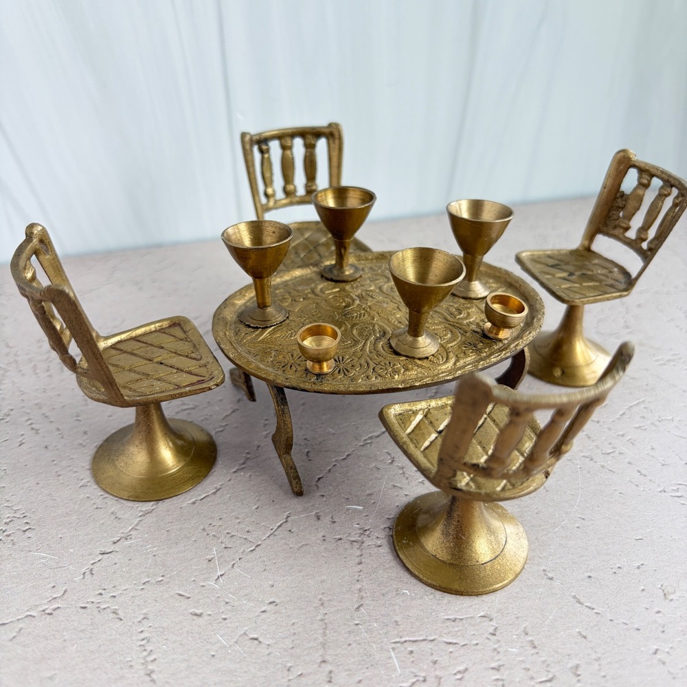 Vintage Brass Miniature Dining Set 11pc Ornate Oval Table Chairs Goblets Decor